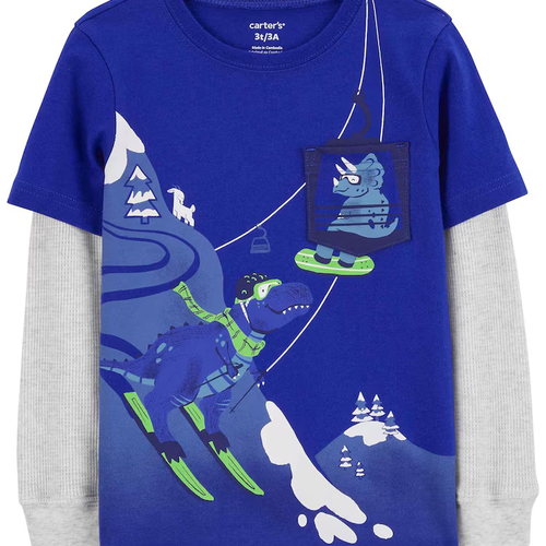Camiseta infantil manga longa dino esquiando azul | Carter's
