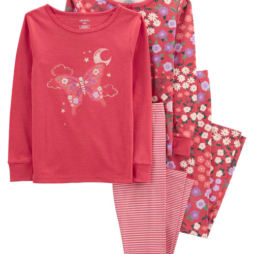 Pijama longo infantil 4 peças borboleta e floral rosa | Carter's