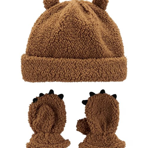 Kit Gorro + Par de Luvas Infantil Carter's Pelúcia Marrom Tam 2 a 4