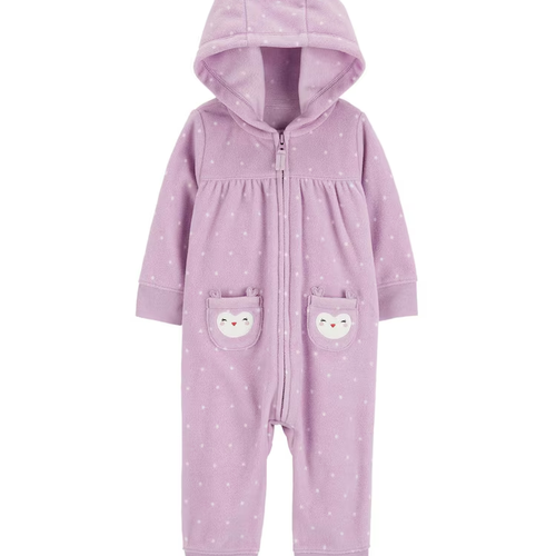 Macacão bebê de fleece poá e bichinhos com capuz lilás | Carter's