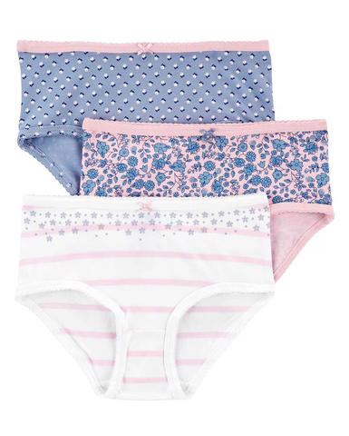 Kit Calcinha Infantil Carter's 3 Peças Floral Azul/Rosa/Branco Tam 2 a 8
